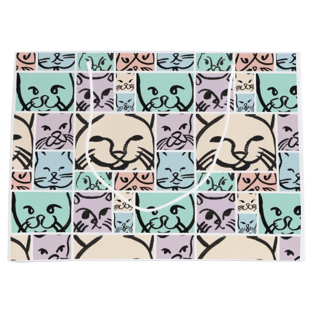 Sacola Para Presentes Grande Pastel Cat Faces (Frente)