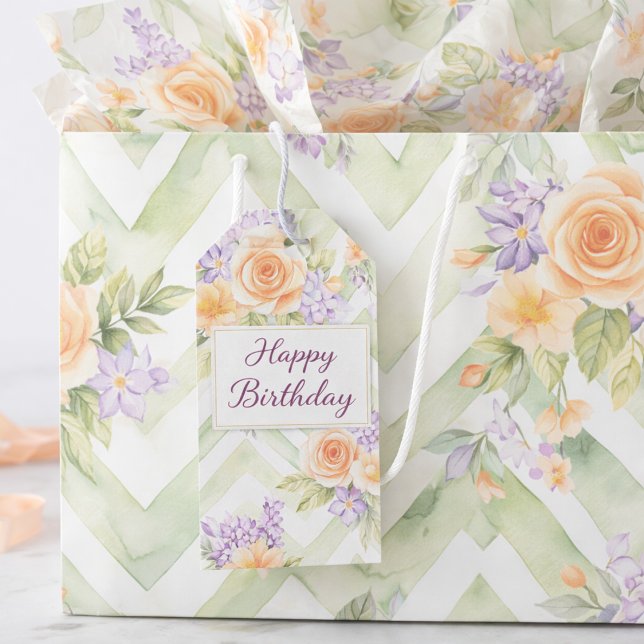Sacola Para Presentes Grande Pastel Floral Peach Lavender Sage Chevron Birthday (Criador carregado)