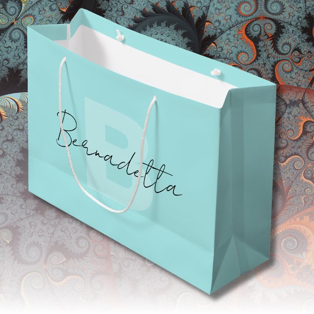 Sacola Para Presentes Grande Pastel Turquoise | Script de Nome Manuscrito Elega (Criador carregado)