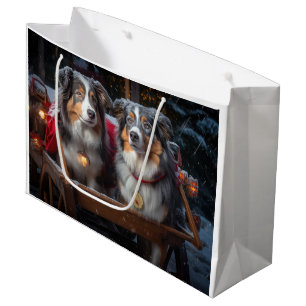 Sacola Para Presentes Grande Pastor australiano Snowy Sleigh Decor de Natal