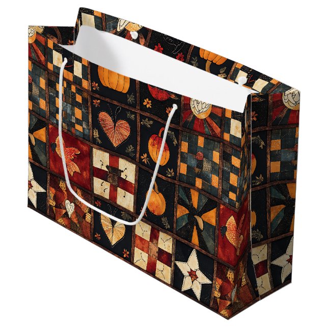 Sacola Para Presentes Grande Patchwork Rustic | Padrão de Inclinação do outono  (Frente inclinada)