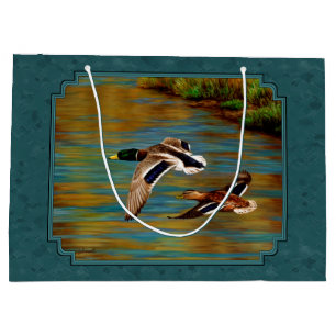 Sacola Para Presentes Grande Patos de Mallard em Teal de Voo