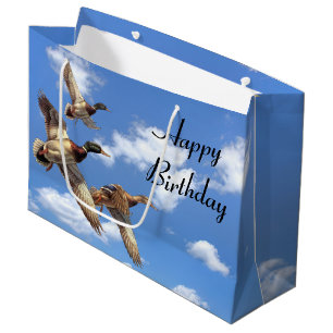Sacola Para Presentes Grande Patos-reais voadores com nuvens de aniversário