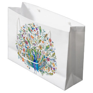 Sacola Para Presentes Grande Pavão floral aquarela