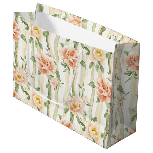 Sacola Para Presentes Grande Peach Mint Roses Floral Stripes Birthday (Frente inclinada)