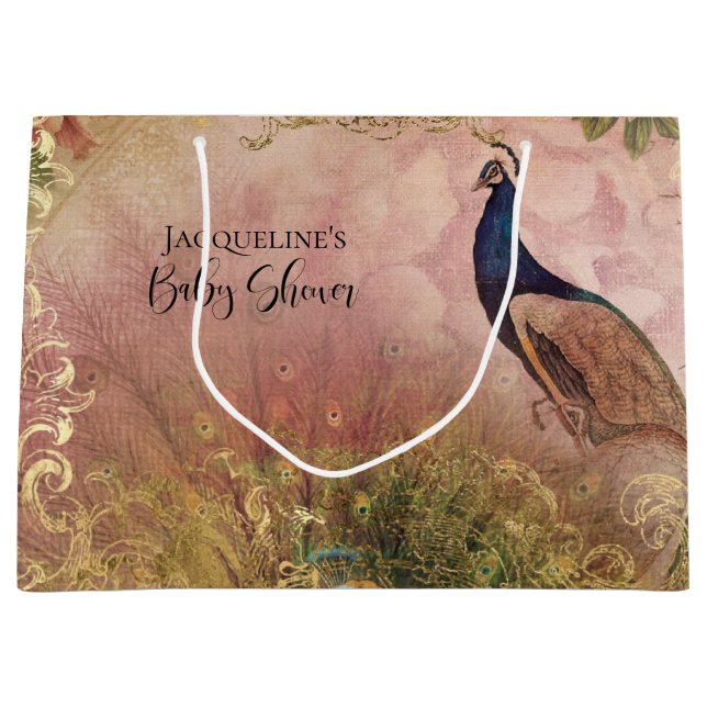 Sacola Para Presentes Grande Peacock Chinoiserie Peony Floral Baby Girl Chá (Frente)