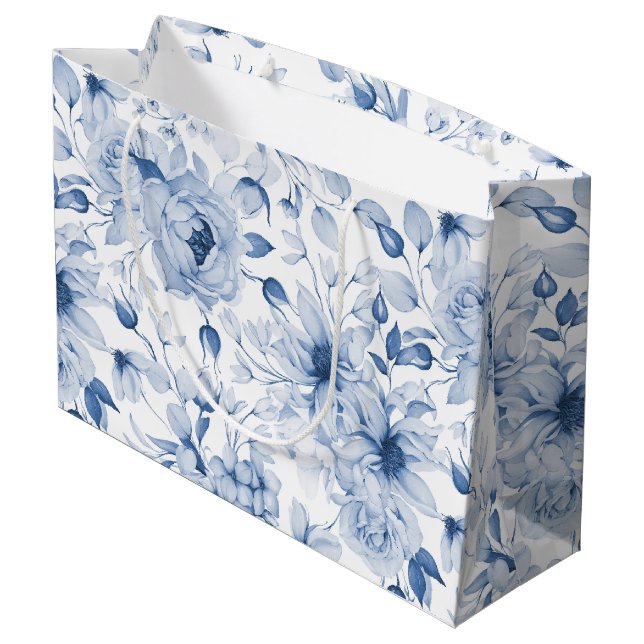 Sacola Para Presentes Grande Pêonias e Brilhos Azuis e Brancos (Verso inclinado)