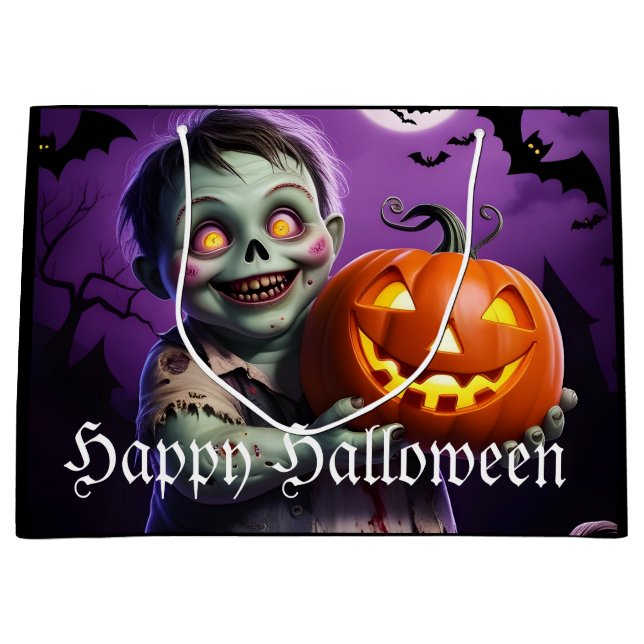 Sacola Para Presentes Grande Pequeno Monstro Verde e Amigo de Abóbora (Frente)