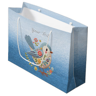 Sacola Para Presentes Grande Pequeno Pássaro Floral Blue Gift Bag