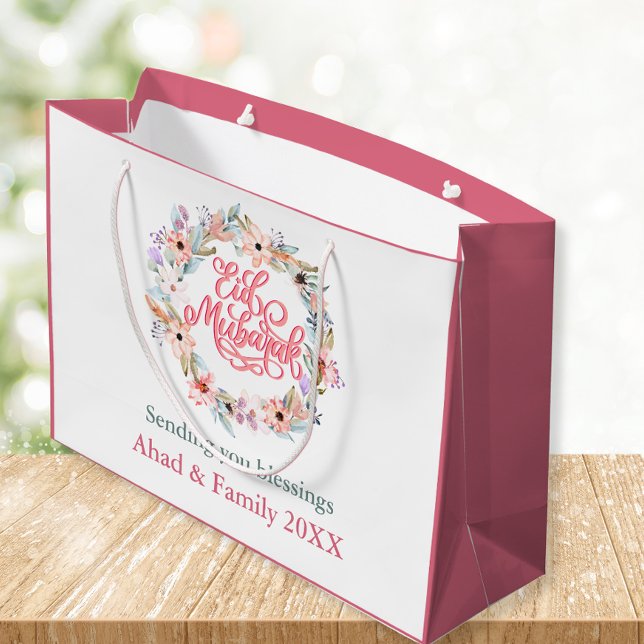 Sacola Para Presentes Grande Pequeno rosa e branco, Eid Floral Mubarak Gift Bag (Criador carregado)