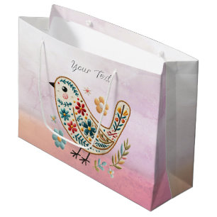 Sacola Para Presentes Grande Pequeno Saco Pássaro Floral Rosa, Saco do Presente