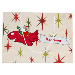 Sacola Para Presentes Grande Personalizado, Avião Vermelho e Papais noeis, Feli