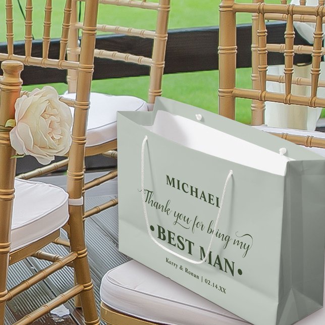 Sacola Para Presentes Grande Personalizado Melhor Homem Verde Obrigado (Sage Green Wedding Thank You Gift Bag for Best Man)