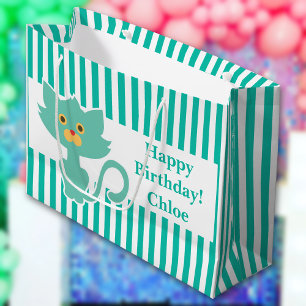 Sacola Para Presentes Grande ・ Personalizado ・ Stripe Branco-Aqua