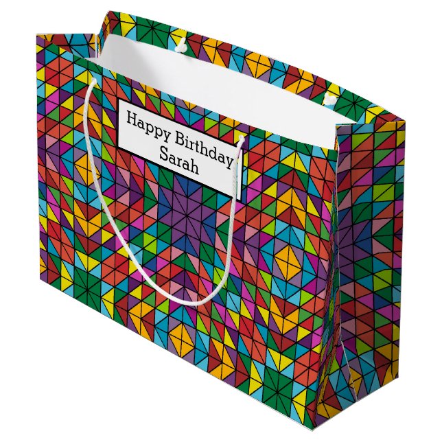 Sacola Para Presentes Grande Personalize Name Quilt Pattern Happy Birthday (Verso inclinado)