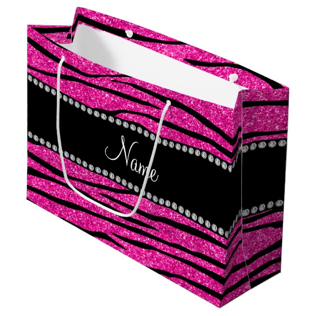 Sacola Para Presentes Grande Personalize o nome neon hot pink glitbra (Frente inclinada)