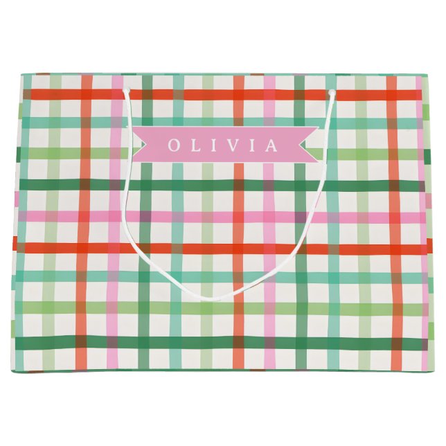 Sacola Para Presentes Grande Personalized Colorful Christmas Holiday Plaid (Frente)