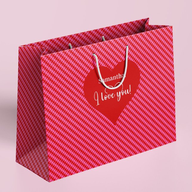 Sacola Para Presentes Grande Personalized I Love You Pink Hearts Valentine  (Make every Valentine’s gift unforgettable with this pink and red hearts personalized gift bag, )