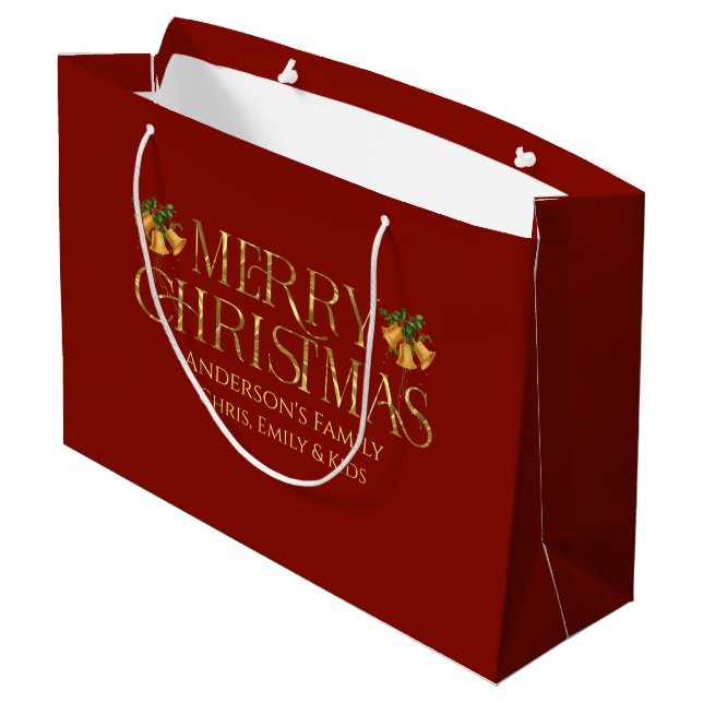 Sacola Para Presentes Grande Personalized Merry Christmas Retro Gold Typography (Verso inclinado)