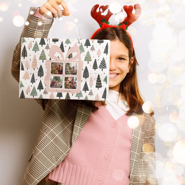Sacola Para Presentes Grande Personalized Modern Pink Christmas Photo Gift Bag (Criador carregado)