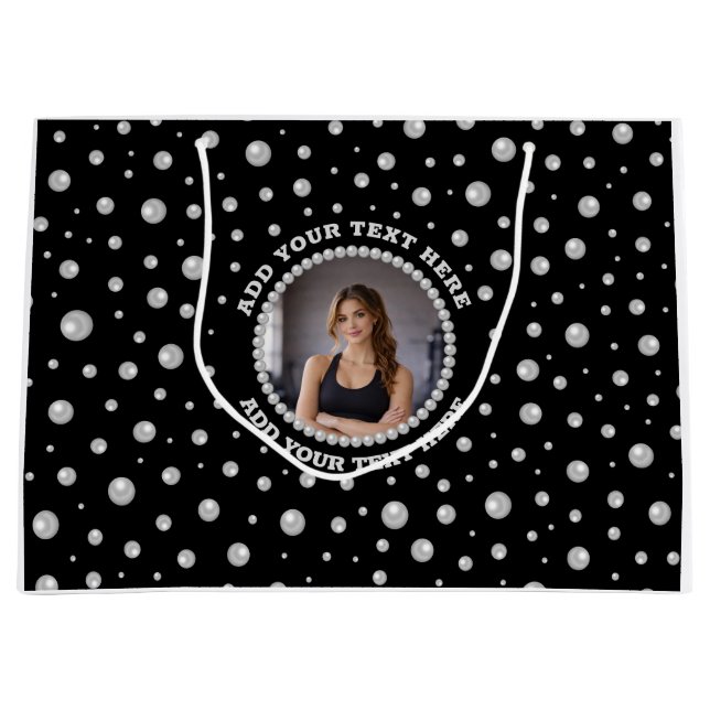 Sacola Para Presentes Grande Personalized Photo with Pearls Circle on Black (Frente)
