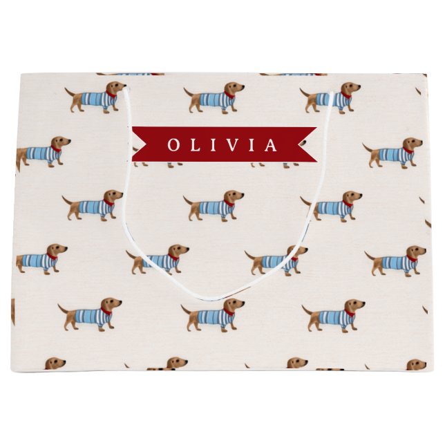 Sacola Para Presentes Grande Personalized Preppy Cute Dachshund Dog Pattern (Frente)