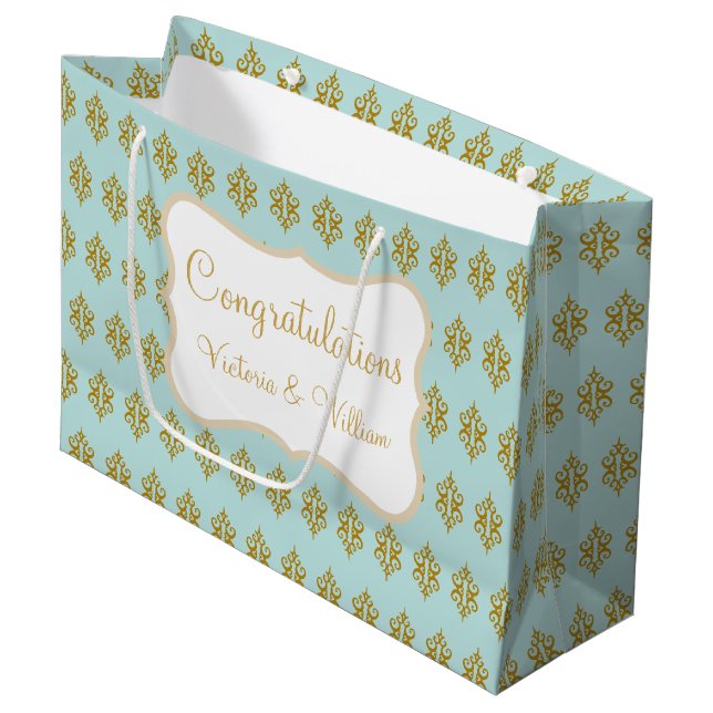 Sacola Para Presentes Grande Personalized Wedding Aqua Lace Gift Bag (Frente inclinada)