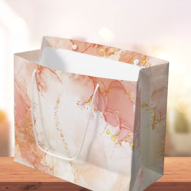 Sacola Para Presentes Grande Pêssego de luxo elegante e efeito mármore Dourado (Elegant Luxury Peach and Gold Marble Effect Large Gift Bag)