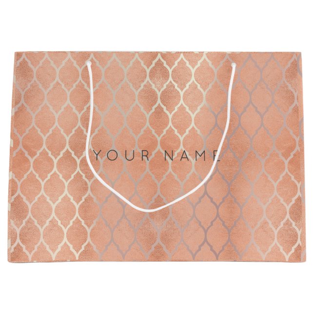 Sacola Para Presentes Grande Pêssego Metálico de Rosa Metálico de Quatrefoil Pe (Frente)