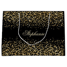 Sacola Para Presentes Grande Pessoal Glitter Impressão Leopardo Preto Dourado 