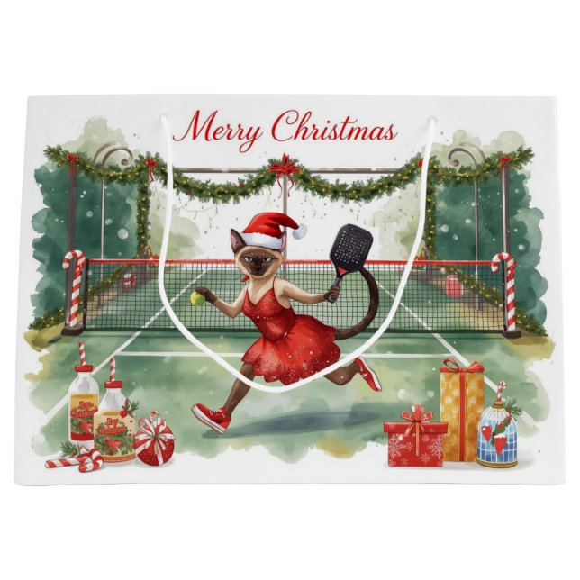 Sacola Para Presentes Grande Pickleball Christmas themed with cat  (Frente)
