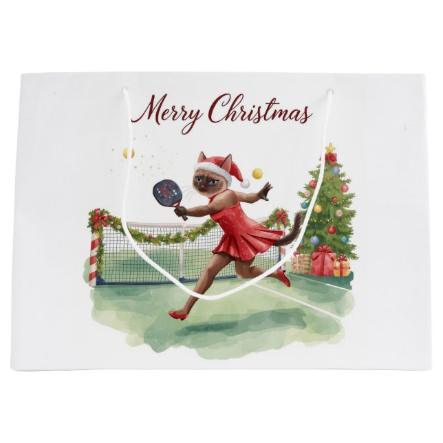 Sacola Para Presentes Grande Pickleball Christmas themed with cat  (Frente)