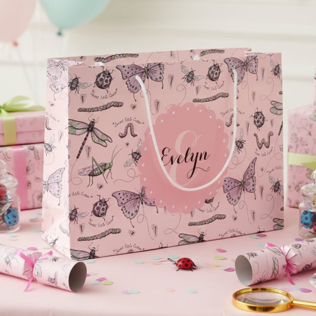 Sacola Para Presentes Grande Pinça-Foca-Gelada Insetos Menino (Cute Insects & Beetles Pink Gift Bags. Colorful Bugs Gift Wrap for Girl Baby Shower & Birthday Party)