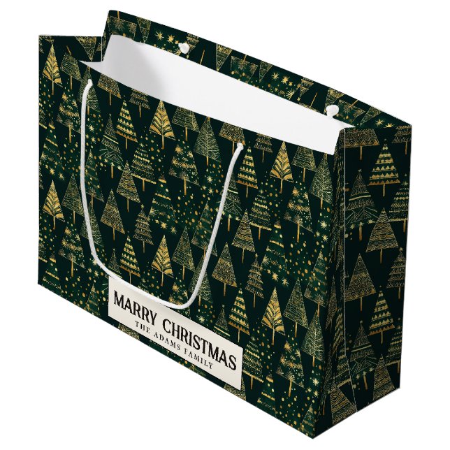 Sacola Para Presentes Grande Pine Trees e Estrelas Feliz Natal Verde (Frente inclinada)