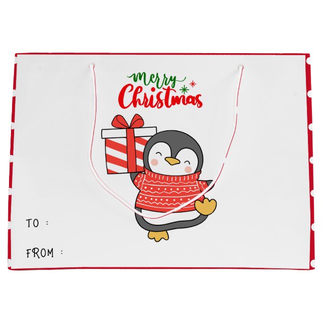 Sacola Para Presentes Grande Pinguim Bonito Feliz Natal (Frente)