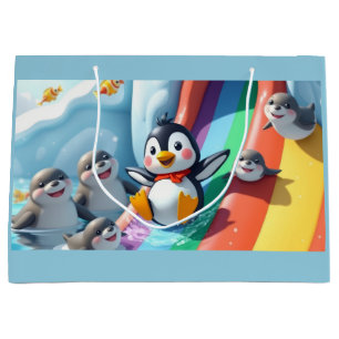 Sacola Para Presentes Grande Pinguim brinca em um escorregador