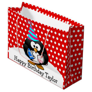 Sacola Para Presentes Grande Pinguim de Festa Feliz Aniversário Bolinha Vermelh