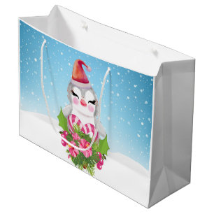 Sacola Para Presentes Grande Pinguim de Natal bonito em Santa Hat