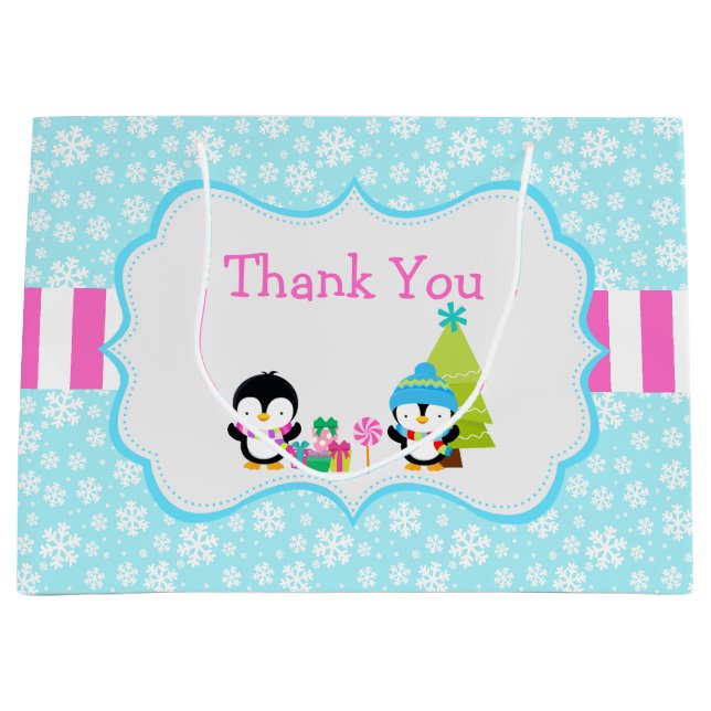 Sacola Para Presentes Grande Pinguins Cachorros de inverno de Natal (Frente)