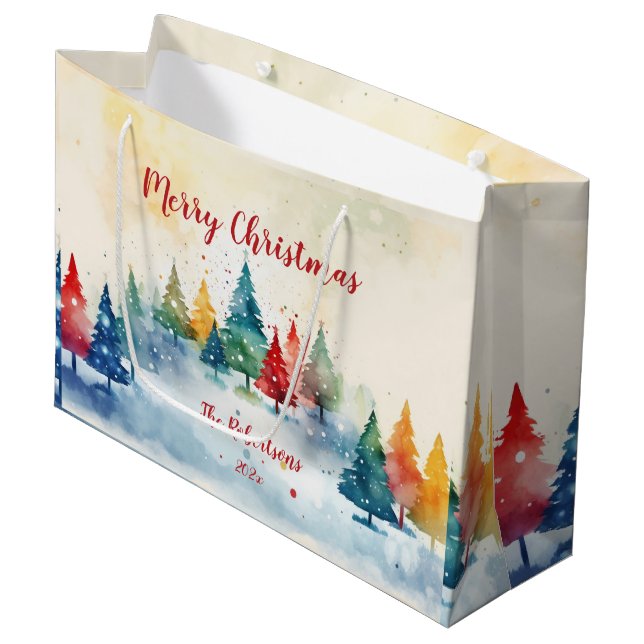 Sacola Para Presentes Grande Pinheiros Coloridos Natal (Frente inclinada)