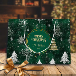 Sacola Para Presentes Grande Pinheiros Dourados Prateados Flocos de Neve Caçado