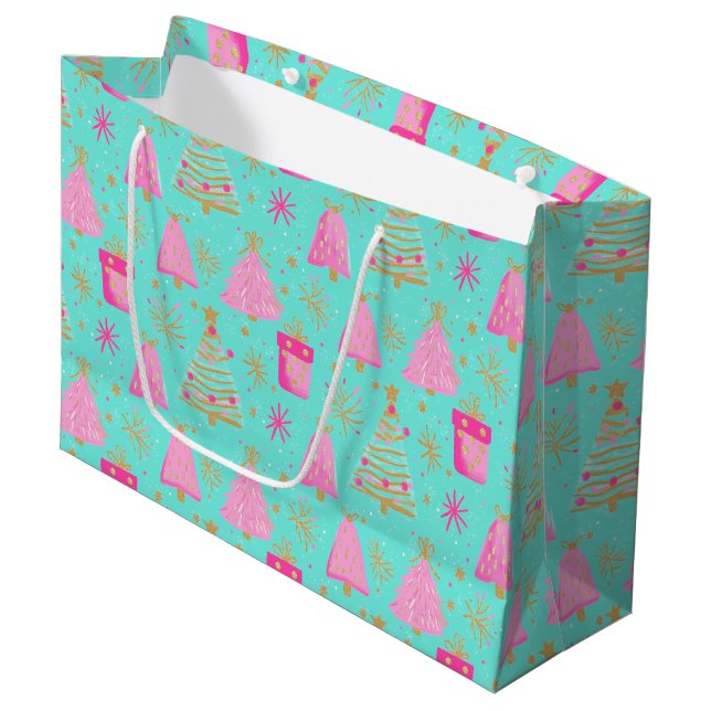 Sacola Para Presentes Grande Pink and Aqua Festive Christmas  (Frente inclinada)