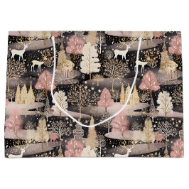 Sacola Para Presentes Grande Pink and Black Elegant Snowy Deer Forest