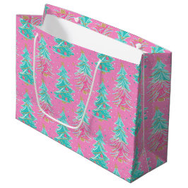 Sacola Para Presentes Grande Pink and Mint Christmas Gift Trees 