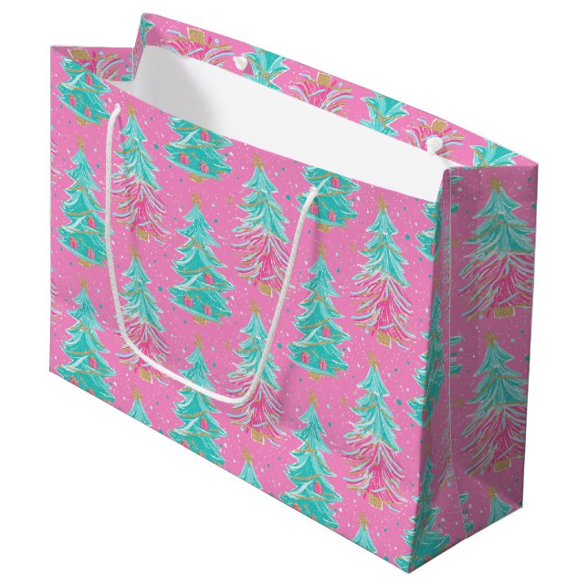Sacola Para Presentes Grande Pink and Mint Christmas Gift Trees  (Frente inclinada)