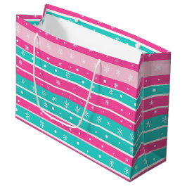 Sacola Para Presentes Grande Pink and Mint Horizontal Striped Snowflake