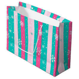 Sacola Para Presentes Grande Pink and Mint Vertical Striped Snowflake