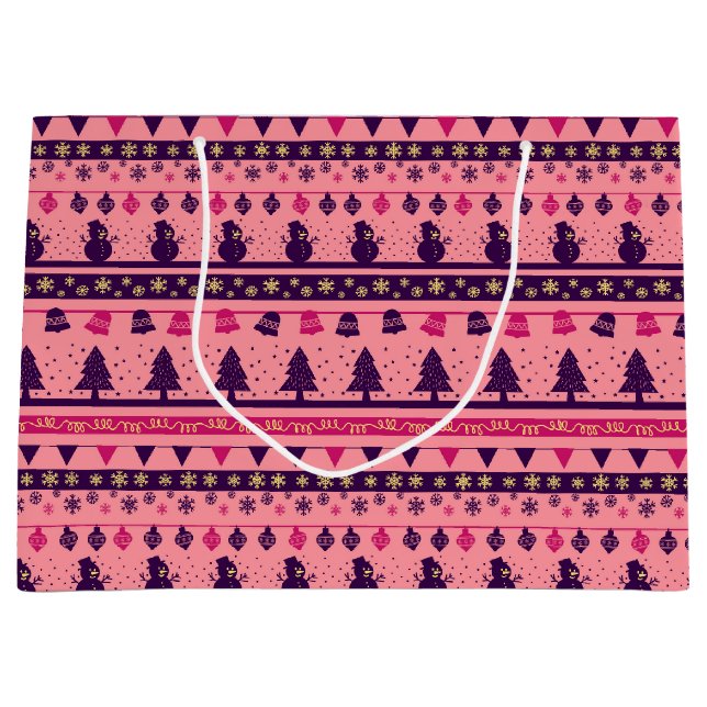 Sacola Para Presentes Grande Pink and Purple Festive Holiday Cheer  (Frente)