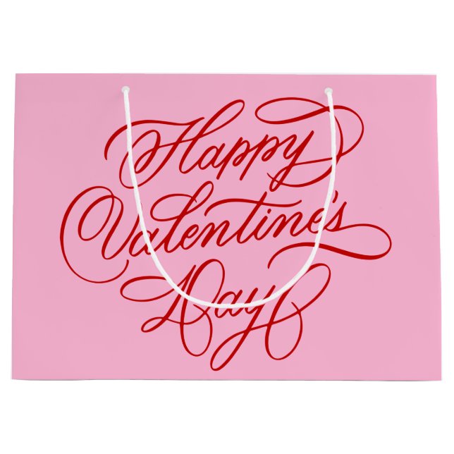 Sacola Para Presentes Grande Pink and Red Happy Valentines Day Calligraphy (Frente)