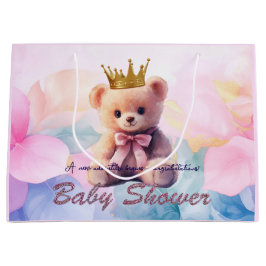 Sacola Para Presentes Grande Pink Bear Gold Crown It's a Girl